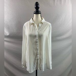 Off White Blouse With Rhinestone Collar